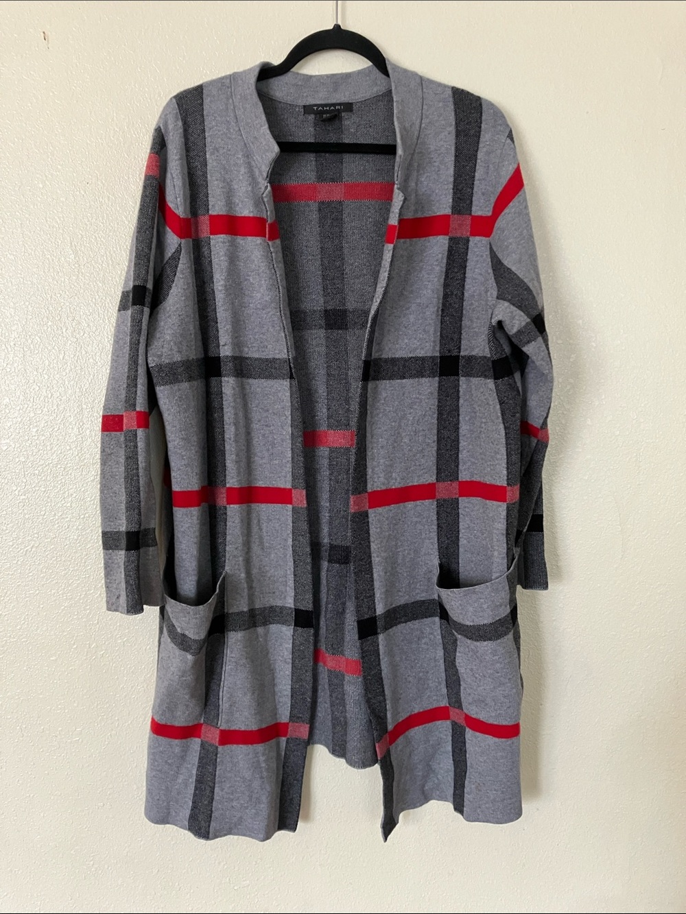 Tahari Longline Knit Plaid Cardigan Sweater, 2X